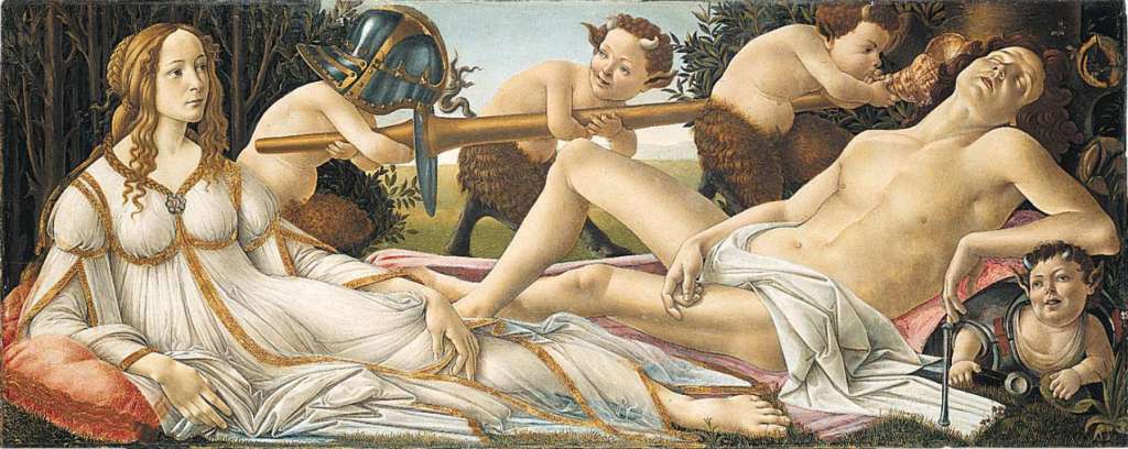 London National Gallery Top 20 04 Sandro Botticelli - Venus and Mars Sandro Botticelli - Venus and Mars, about 1485, 69  173 cm. Mars, the god of war, has been conquered by Venus, the goddess of love. Here Mars is asleep and unarmed, while Venus is awake and alert. The meaning of the picture is that love conquers war, or love conquers all. Reclining on the ground, the handsome youth has fallen asleep. Naked and robbed of all his weapons, which are now in the hands of the fauns in the middle ground, he embodies a beautiful ideal from whose mind all thoughts of war are banished. Venus, on the other hand, richly dressed like a young woman from a distinguished family and thereby removed from the context of eroticism, remains alert and in the way symbolizes the permanence of peace. Equally balanced, Venus and Mars are virtually mirror images of each other. They establish the shape of an inverted triangle which is concluded at the top by the three fauns with the lance.